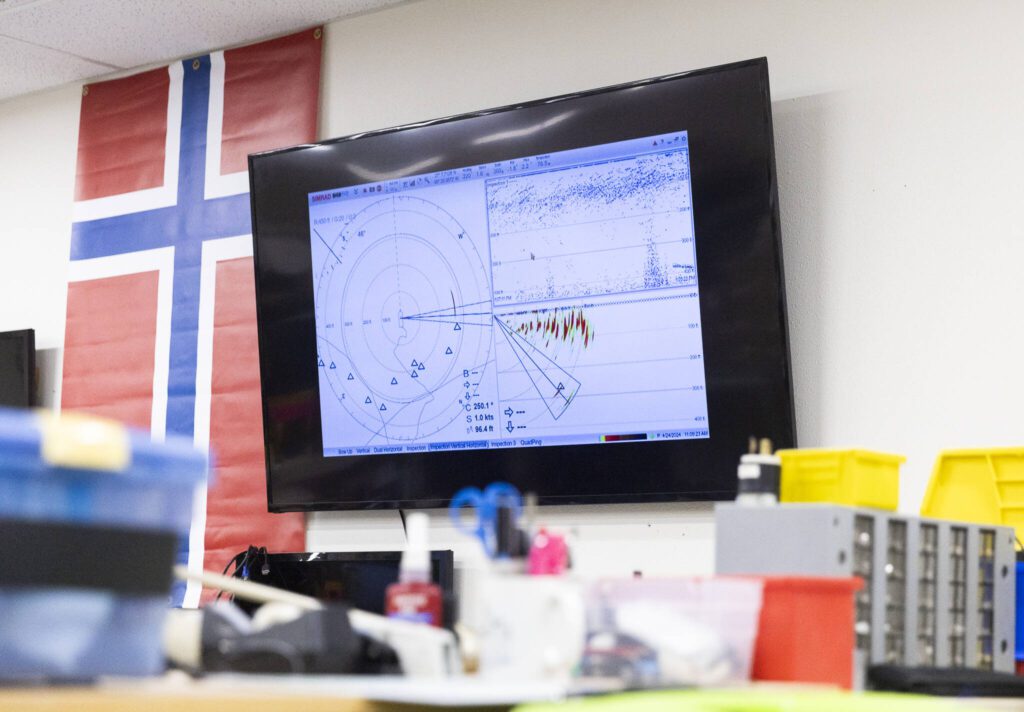Simrad technology on display on Thursday, July 31, 2025 in Lynnwood, Washington. (Olivia Vanni / The Herald)

