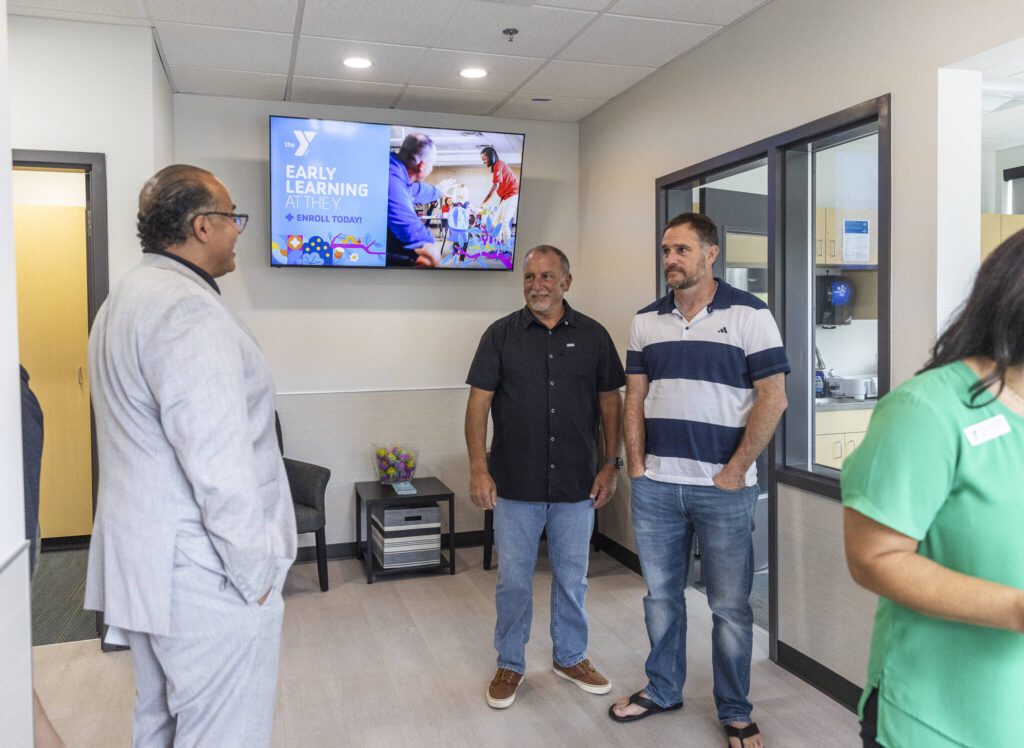 People explore the inside of the new Marysville Family YMCA Early Learning Center on Tuesday, Aug. 5, 2025 in Marysville, Washington. (Olivia Vanni / The Herald)
