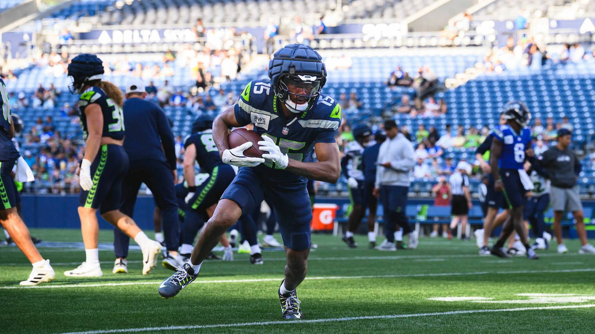 Seahawks receiver Tory Horton (15) practices at Lumen Field for Seahawks Fan Fest on Saturday, Aug. 2, 2025. (Photo courtesy of Edwin Hooper / Seattle Seahawks)