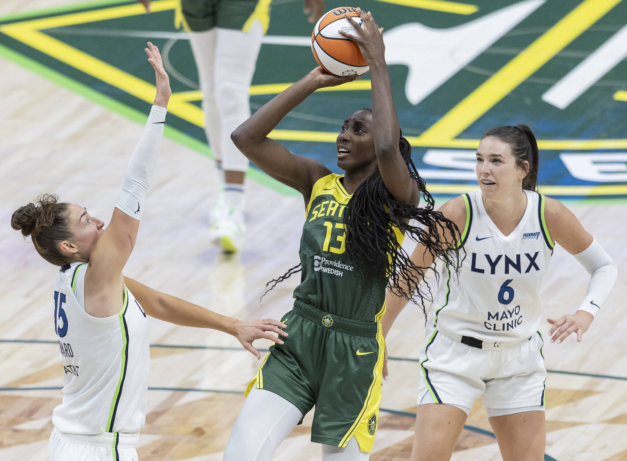 Seattle Storms Ezi Magbegor takes jump shot during the game against the Minnesota Lynx on Tuesday, Aug. 5, 2025 in Seattle, Washington. (Olivia Vanni / The Herald)