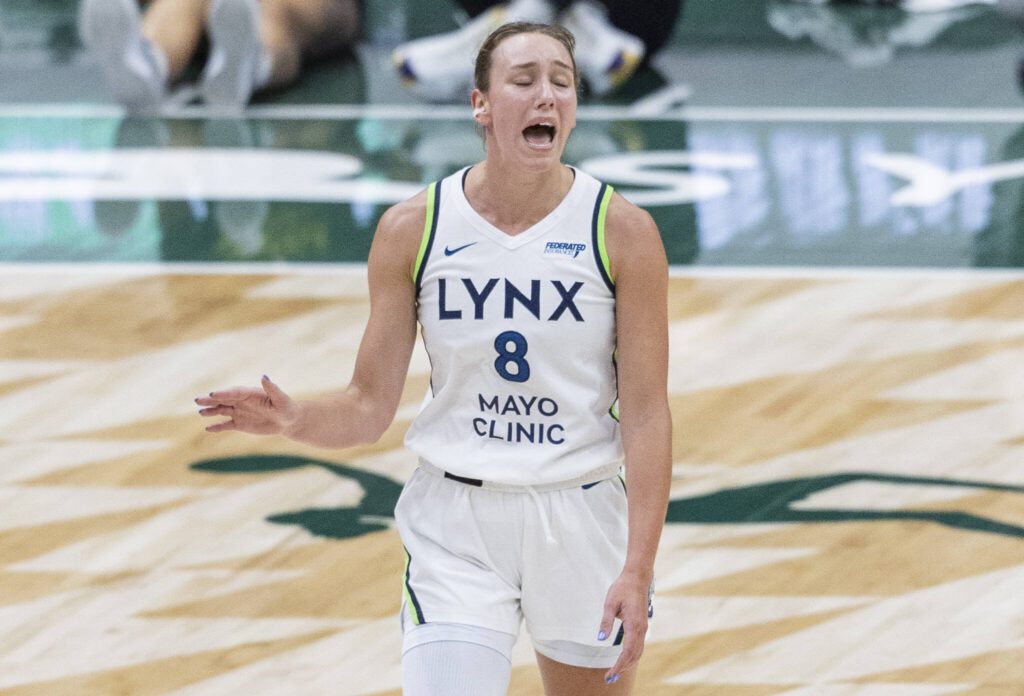 Minnesota Lynx&rsquo;s Alanna Smith yells after having a foul called on her during the game against the Seattle Storm on Tuesday, Aug. 5, 2025 in Seattle, Washington. (Olivia Vanni / The Herald)
