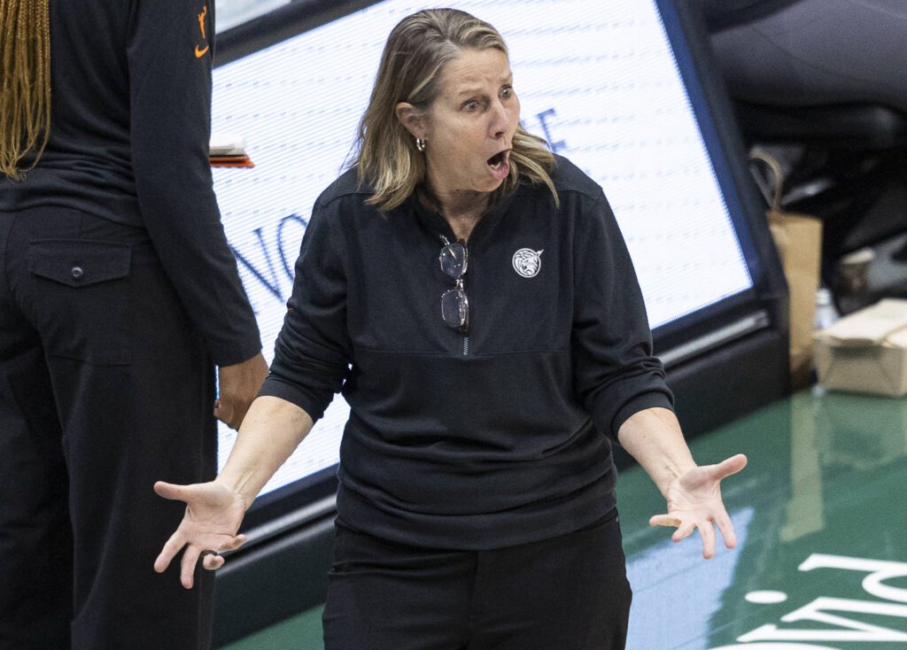 Minnesota Lynx head coach Cheryl Reeve yells after a mistaken whistle by the referees during the game against the Seattle Storm on Tuesday, Aug. 5, 2025 in Seattle, Washington. (Olivia Vanni / The Herald)
