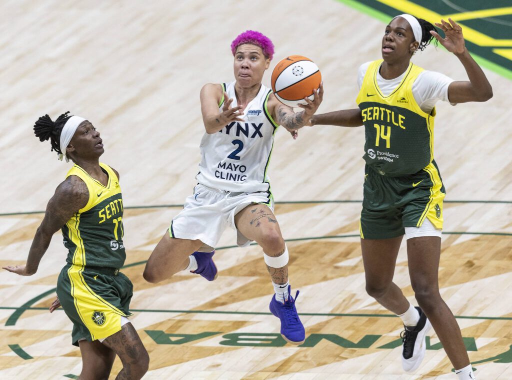 Minnesota Lynx&rsquo;s Natisha Hiedeman jumps up to make a layup during the game against the Seattle Storm on Tuesday, Aug. 5, 2025 in Seattle, Washington. (Olivia Vanni / The Herald)
