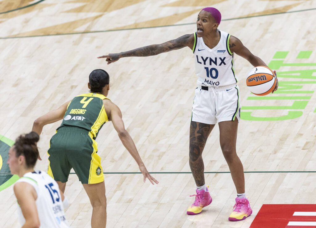 Minnesota Lynx&rsquo;s Courtney Williams calls out a play during the game against the Seattle Storm on Tuesday, Aug. 5, 2025 in Seattle, Washington. (Olivia Vanni / The Herald)
