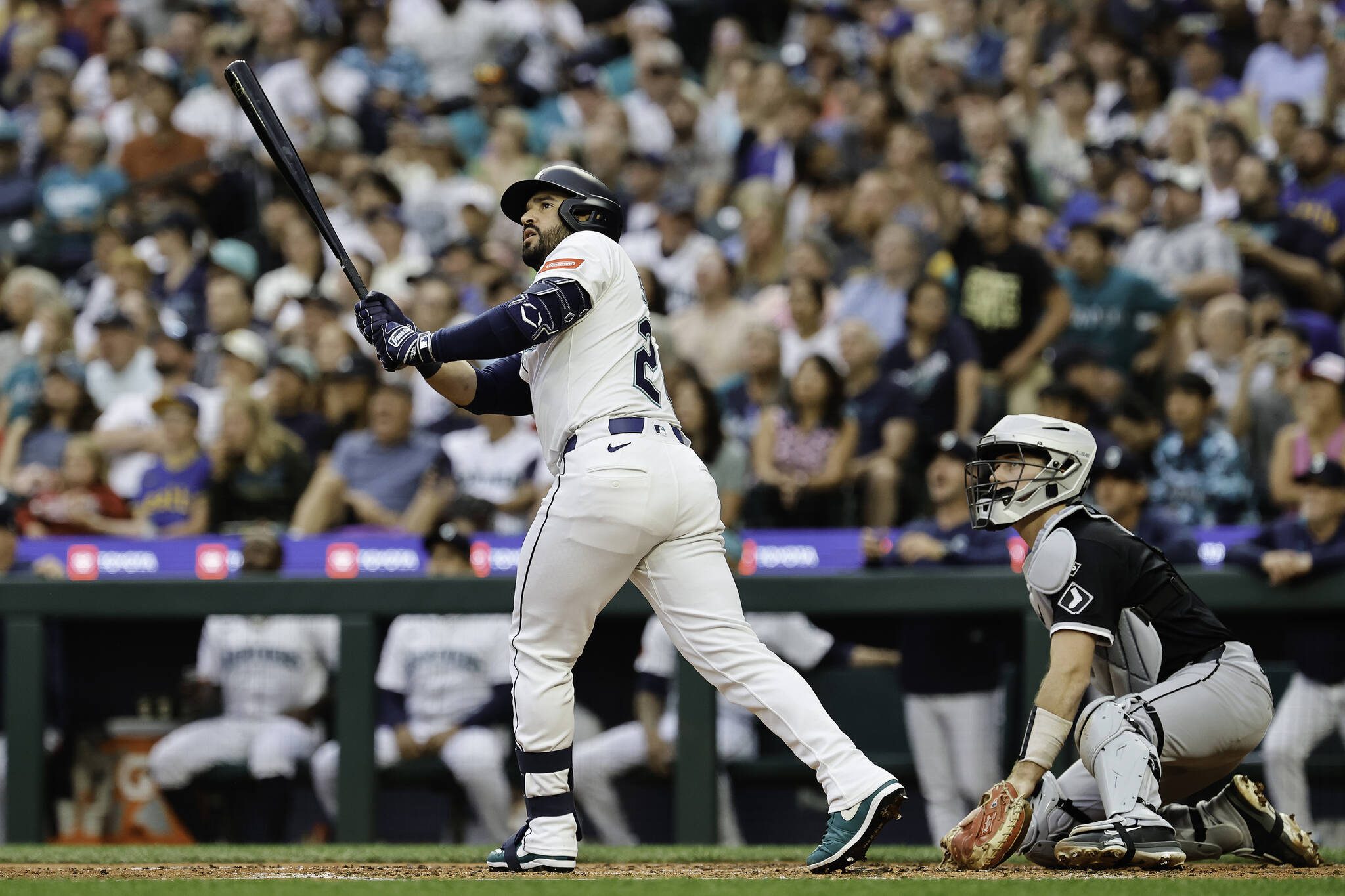 Eugenio Suarez of the Seattle Mariners hits a two-run home run during the fourth inning against the Chicago White Sox at T-Mobile Park on Tuesday, Aug. 5, 2025, in Seattle. (Alika Jenner / Getty Images / Tribune News Services)