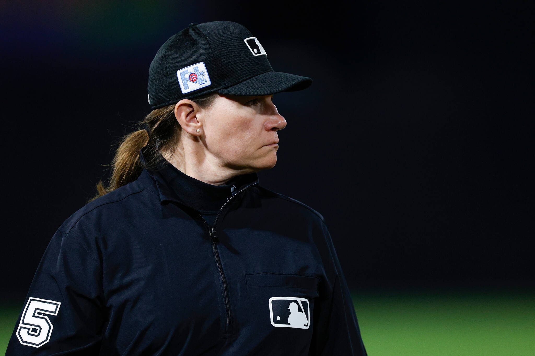 Umpire Jen Pawol looks on in the third inning during a spring training game between the Toronto Blue Jays and the New York Yankees at George M. Steinbrenner Field on Feb. 28, 2025, in Tampa, Florida. (Brandon Sloter / Getty Images / Tribune News Services)