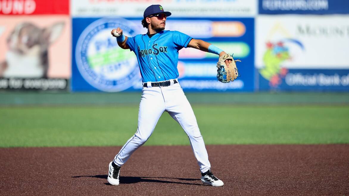 Everett AquaSox shortstop Axel Sanchez throws the ball during a game against the Tri-City Dust Devils on Sunday, August 10, 2025 at Funko Field in Everett Washington. (Photo courtesy of Evan Morud / Everett AquaSox)