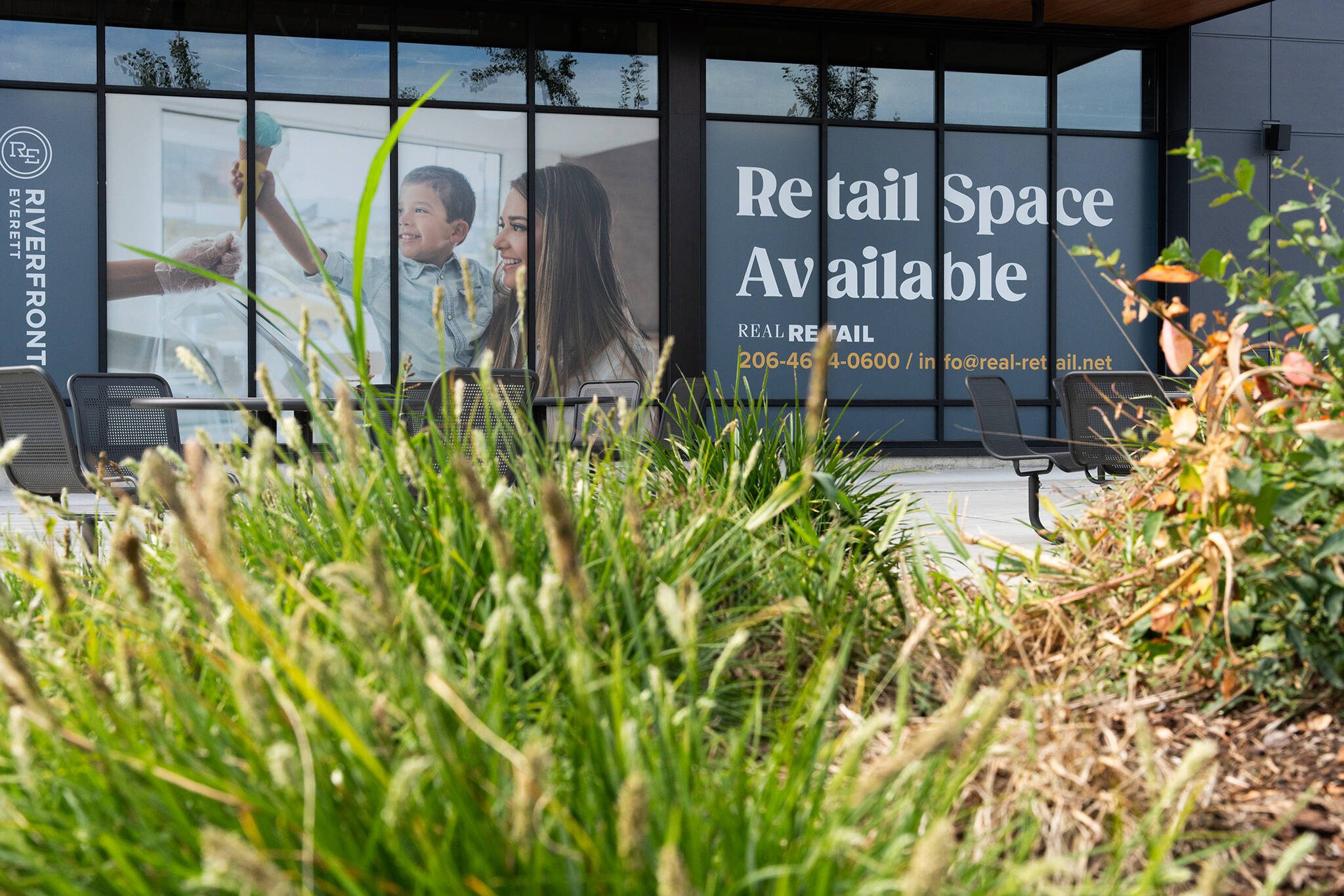 A vacant retail space at the Riverfront Everett development on Tuesday, Aug. 19 in Everett, Washington. (Will Geschke / The Herald)
