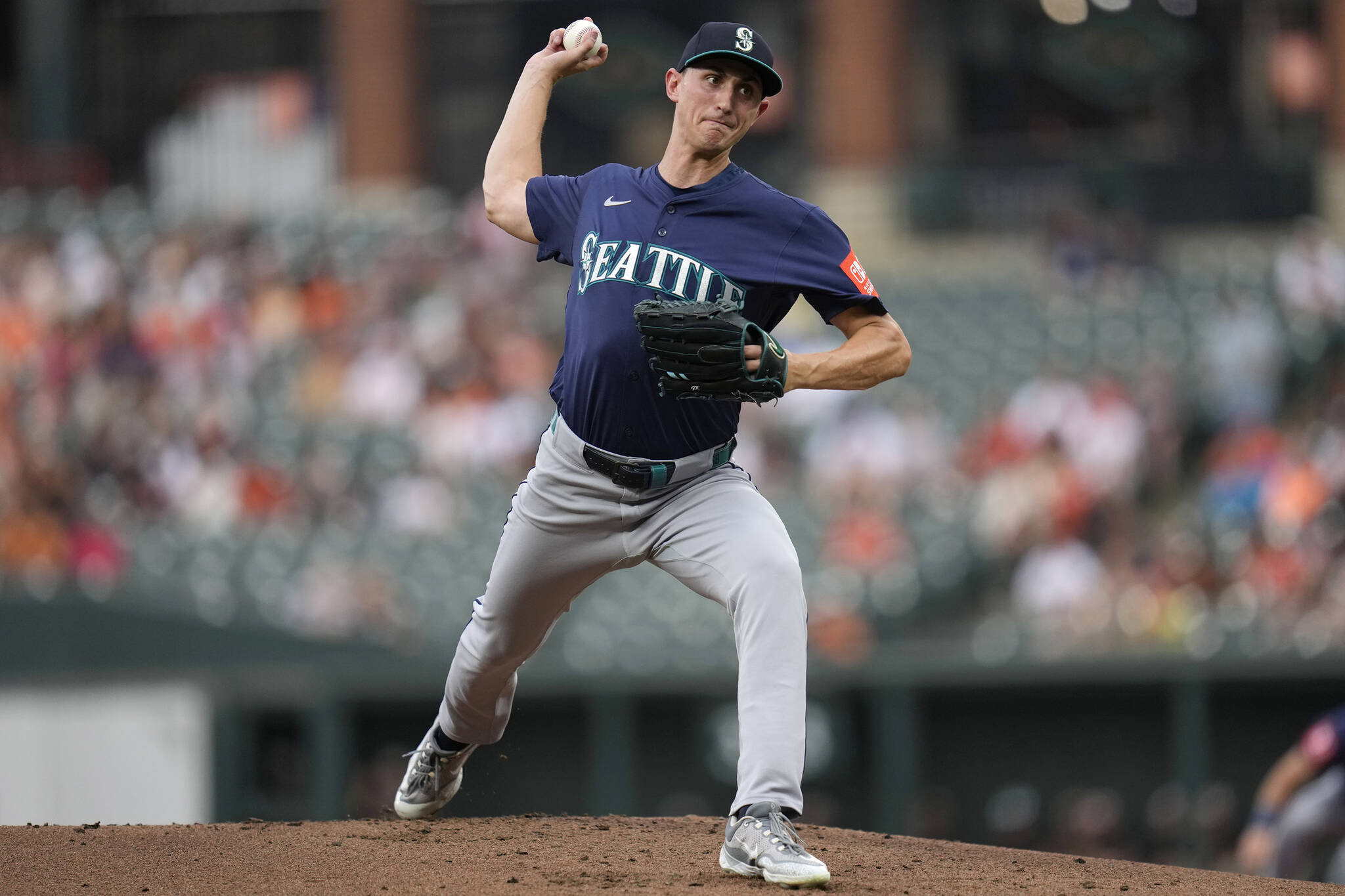 George Kirby of the Seattle Mariners pitches against the Baltimore Orioles during the first inning at Oriole Park at Camden Yards on Tuesday, Aug. 12, 2025, in Baltimore. (Jess Rapfogel / Getty Images / Tribune News Services)