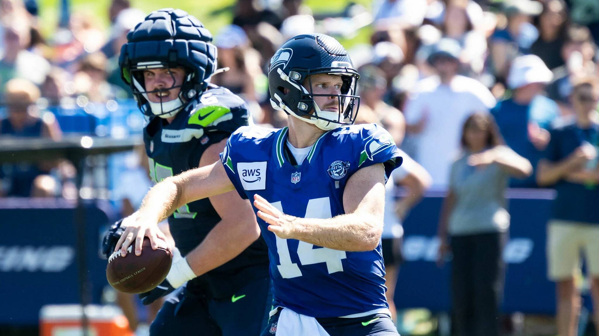 Seahawks quarterback Sam Darnold throws a pass during practice on Sunday, Aug. 10, 2025 at the Virginia Mason Athletic Center in Renton, Washington. (Photo courtesy of Rod Mar / Seattle Seahawks)