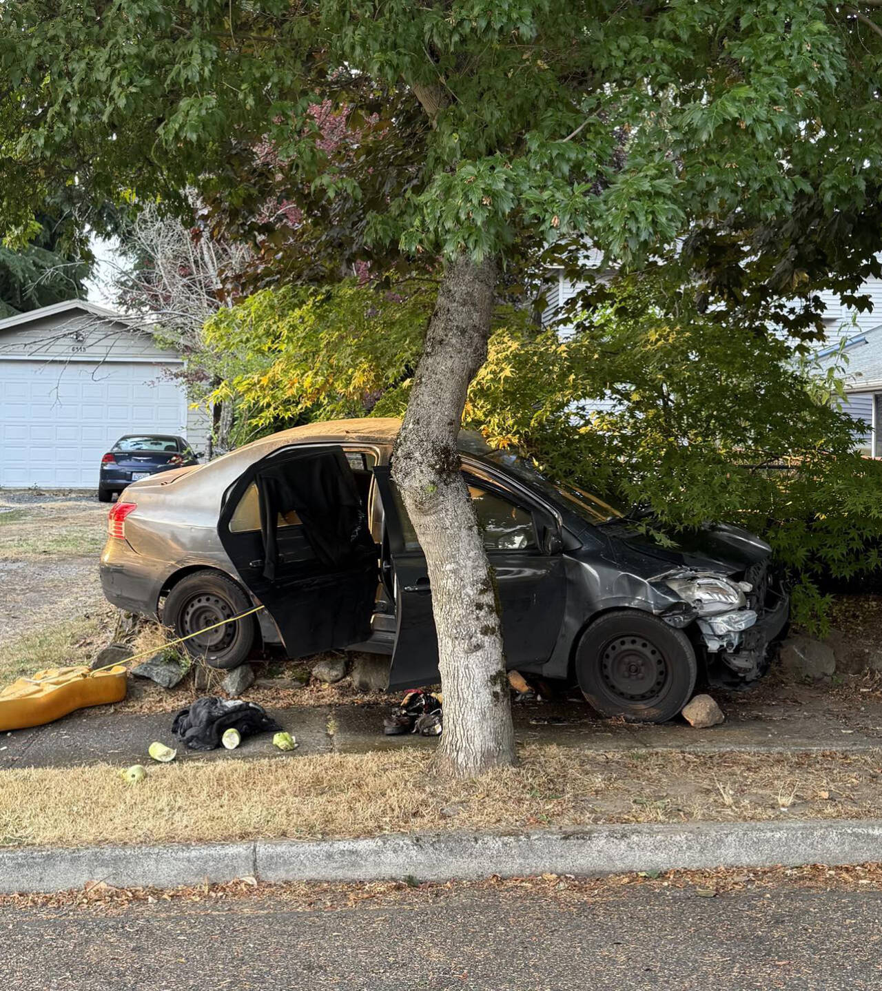 A DoorDash driver crashed his vehicle into a tree and then intentionally set it on fire Wednesday, Lynnwood police say. (Lynnwood Police Department)