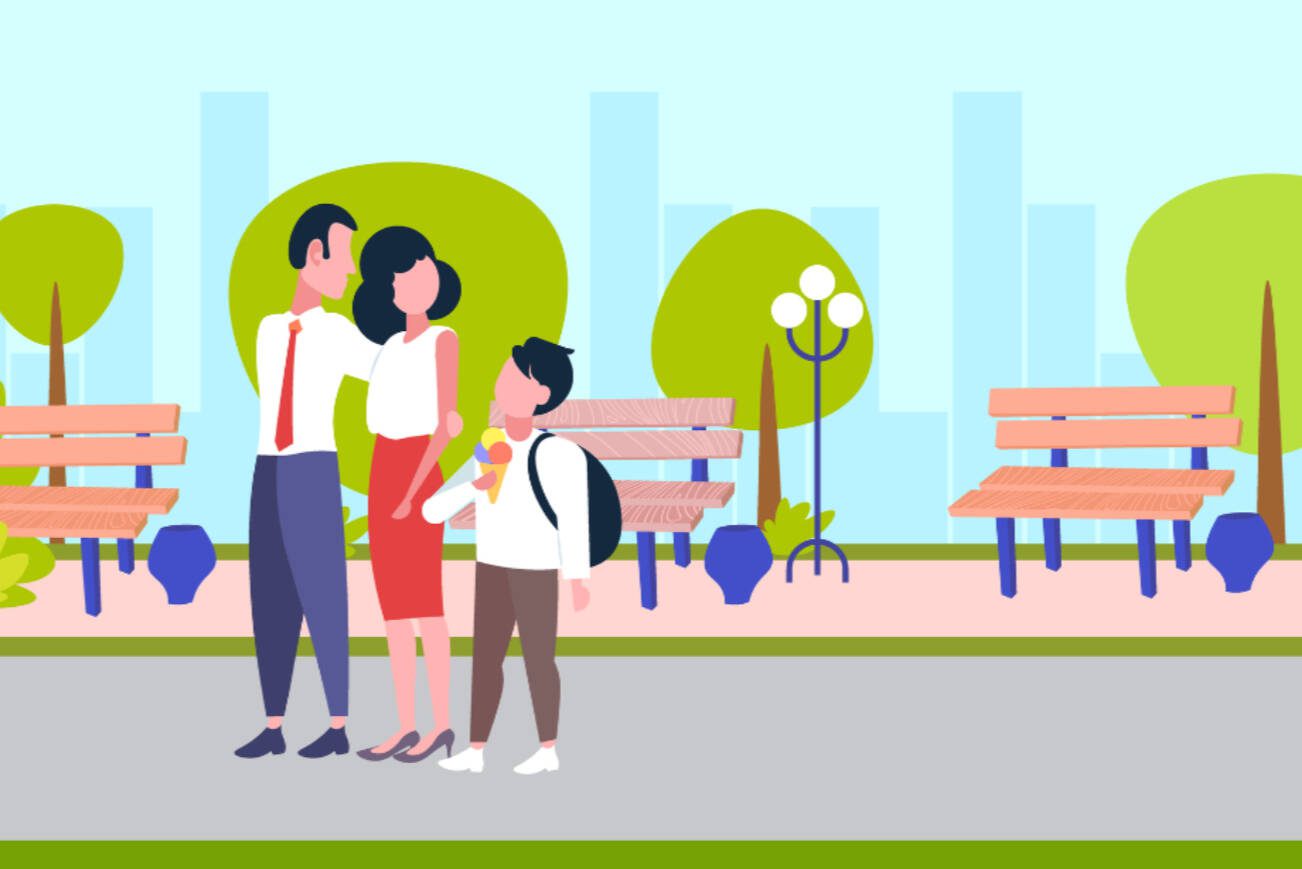 parents getting son with schoolbag from school after study happy family walking in city park boy eating ice cream back to home concept landscape background full length horizontal vector illustration