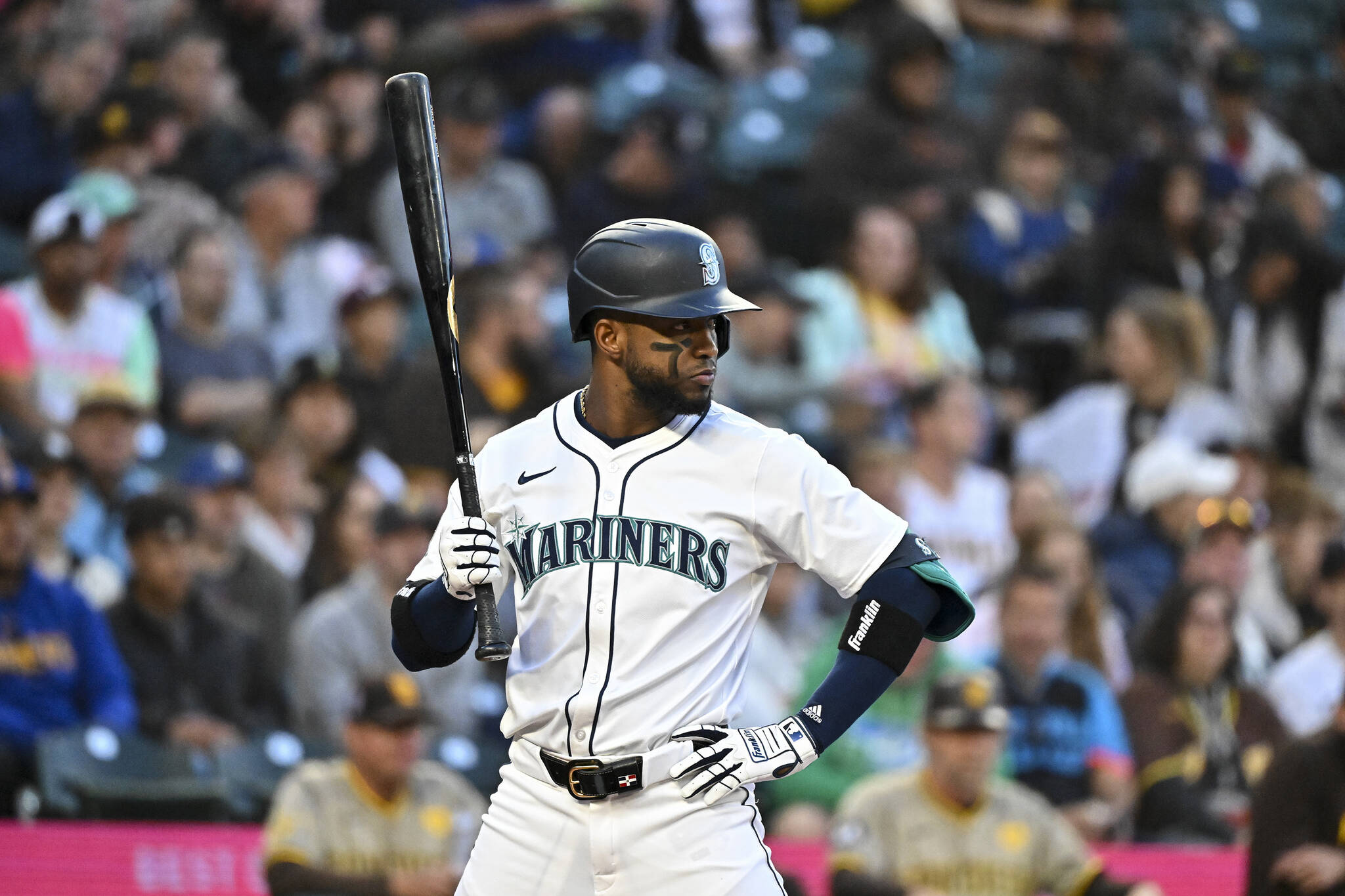 Victor Robles of the Seattle Mariners waits for a pitch during the first inning against the San Diego Padres at T-Mobile Park on Wednesday, Sept. 11, 2024, in Seattle. (Alika Jenner / Getty Images / Tribune News Services)