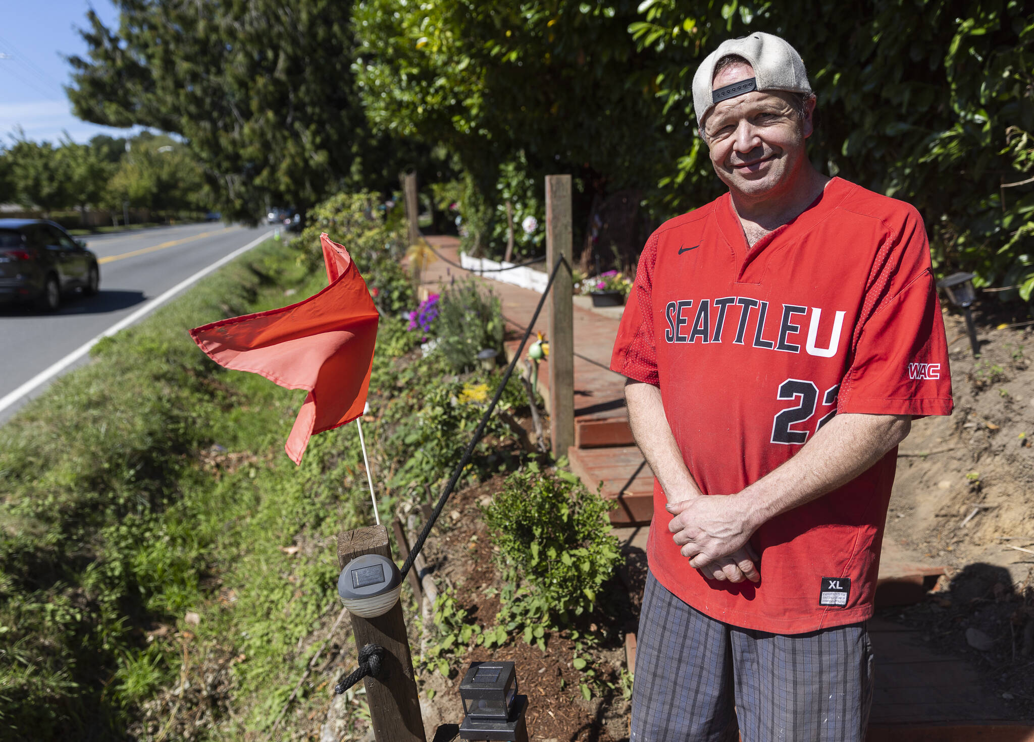 PHOTOS BY Olivia Vanni / The Herald
Steve Nagy next to his pathway he built along Bickford Avenue on Thursday in Snohomish.