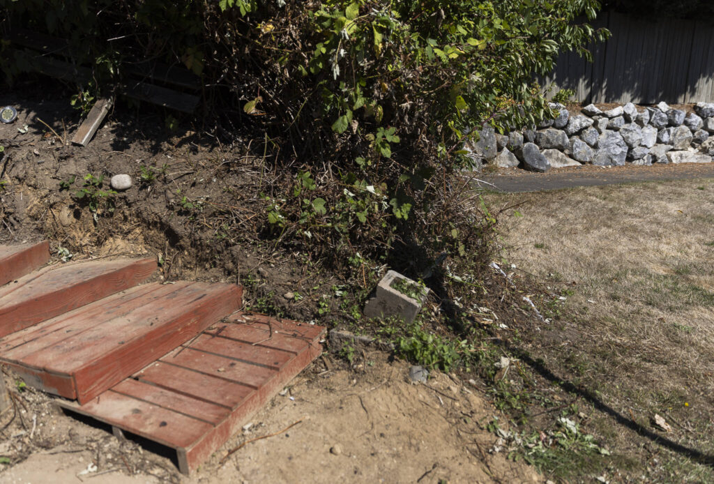 The paved sidewalk stops south of the red wooden pathway stairs along Bickford Avenue on Thursday, Aug. 21, 2025 in Snohomish, Washington. (Olivia Vanni / The Herald)
