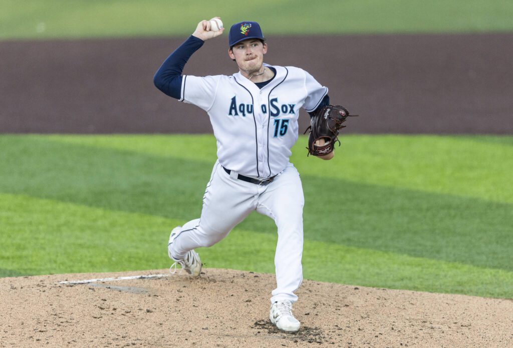 Everett AquaSox pitcher Ryan Hawks delivers a pitch against the Spokane Indians on Tuesday, Aug. 19, 2025 in Everett, Washington. (Olivia Vanni / The Herald)
