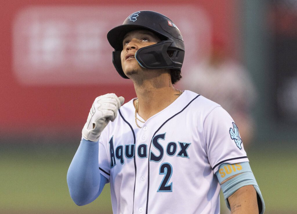 Everett AquaSox infielder Luis Suisbel looks up after getting a hit during the game against the Spokane Indians on Tuesday, Aug. 19, 2025 in Everett, Washington. (Olivia Vanni / The Herald)
