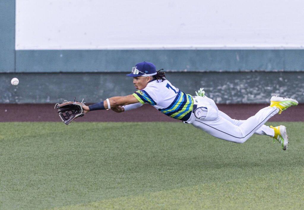 Everett AquaSox outfielder Tai Peete dives for a ball in the outfield during the game against the Spokane Indians on Wednesday, Aug. 20, 2025 in Everett, Washington. (Olivia Vanni / The Herald)
