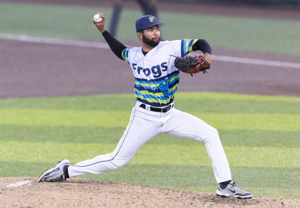 Everett AquaSox pitcher Pedro Da Costa Lemos pitches during the game against the Spokane Indians on Wednesday, Aug. 20, 2025 in Everett, Washington. (Olivia Vanni / The Herald)
