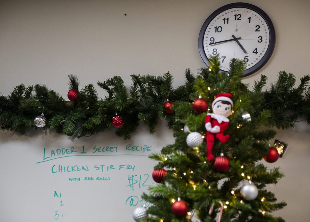 Chicken stir-fry is listed as dinner on the whiteboard inside Fire Station One on Tuesday, Dec. 10, 2024 in Everett, Washington. (Olivia Vanni / The Herald)
A whiteboard lists chicken stir-fry for dinner at Everett Fire Station One. (Olivia Vanni / The Herald)
