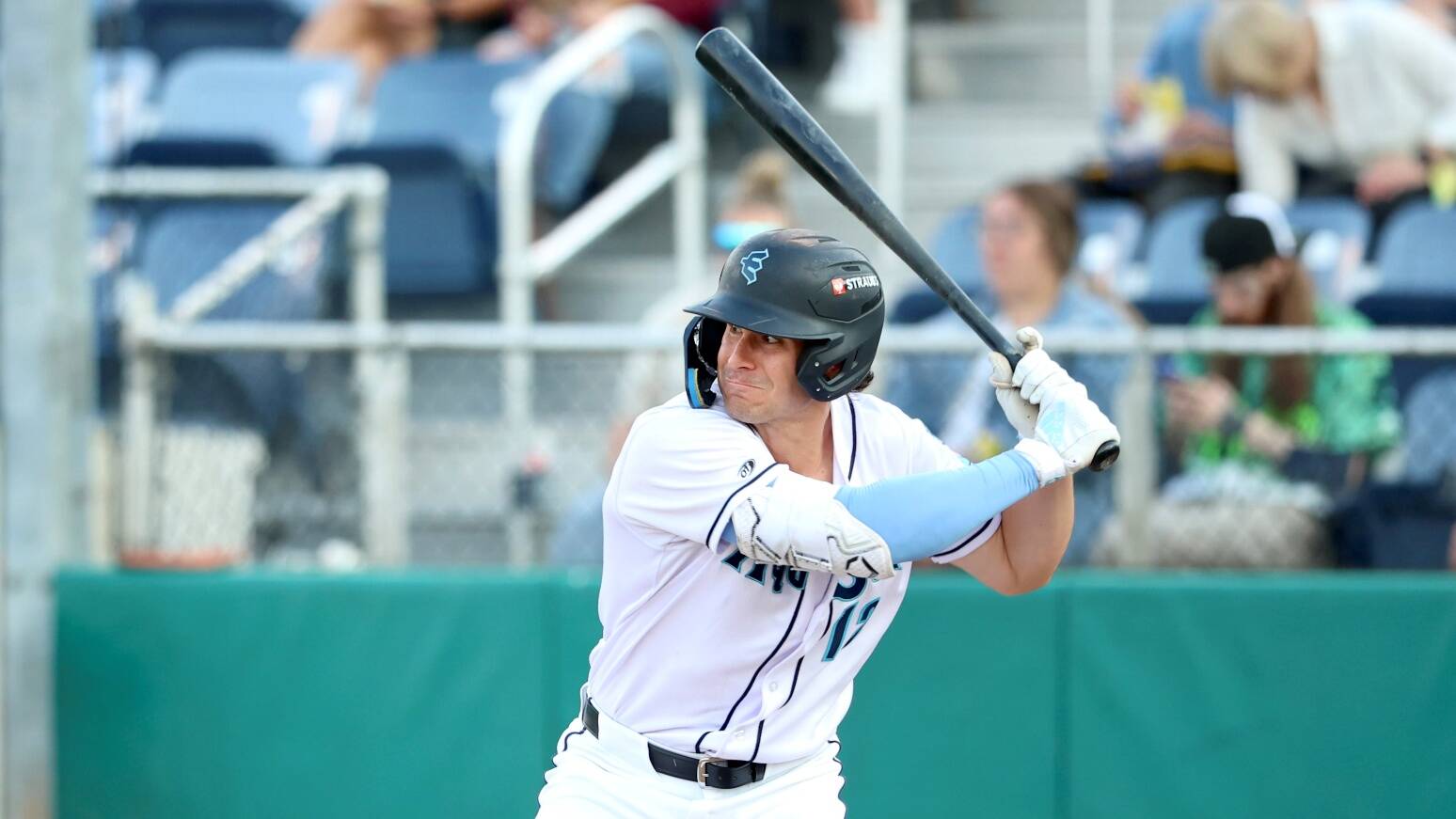Charlie Pagliarini of the Everett AquaSox bats against Eugene on Tuesday, Aug. 26, 2025 at Funko Field in Everett, Washington. (Photo courtesy of Evan Morud / Everett AquaSox)