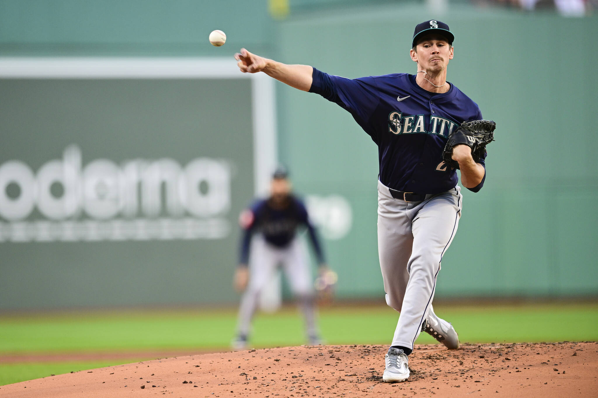 Emerson Hancock of the Seattle Mariners pitches in the first inning against the Boston Red Sox at Fenway Park on Wednesday, April 23, 2025, in Boston. (Jaiden Tripi / Getty Images / Tribune News Services)