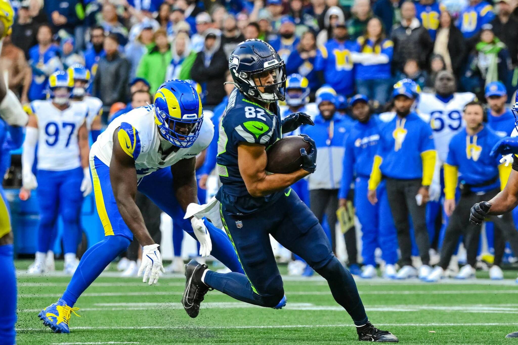Seahawks receiver Cody White, who made Seattle's initial 53-man roster on Tuesday, runs with the ball during the 2024 season. (Photo courtesy Edwin Hooper / Seattle Seahawks)
