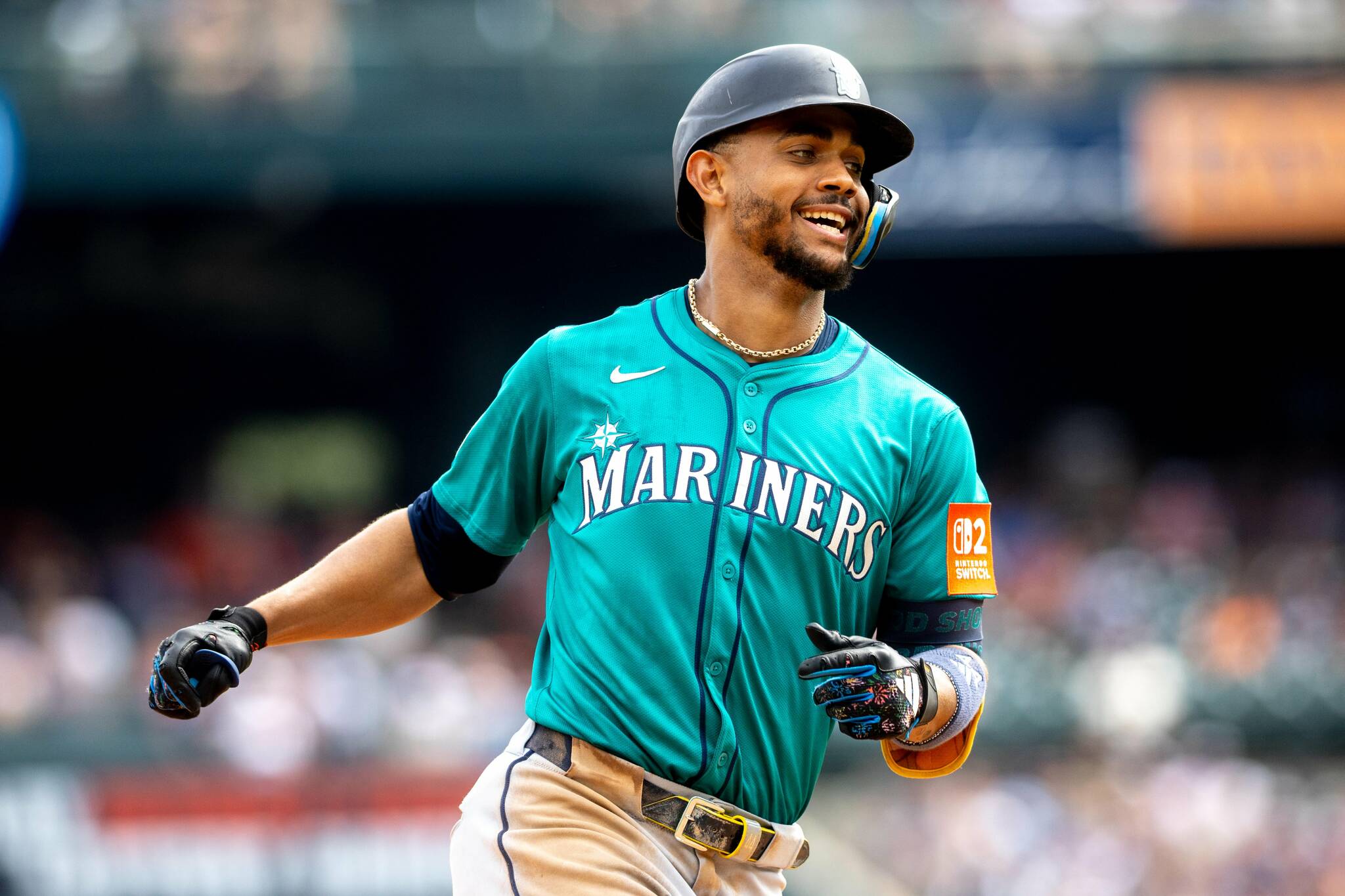Seattle Mariners center fielder Julio Rodriguez (44) hits a home run during a game between the Detroit Tigers and Seattle Mariners at Comerica Park in Detroit, Michigan, on Saturday, July 12, 2025. (Devin Anderson-Torrez / mlive.com / Tribune News Services)