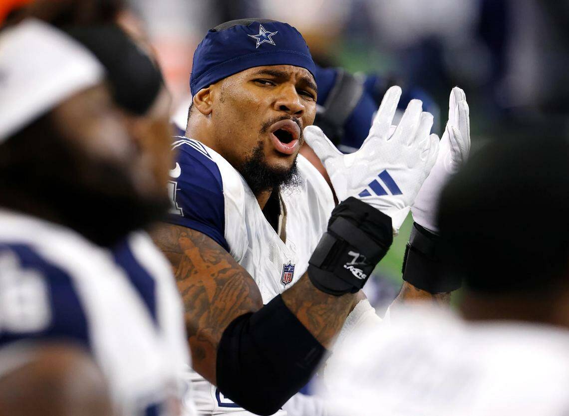 Dallas Cowboys defensive end Micah Parsons reacts during the final seconds of the fourth quarter against the Cincinnati Bengals on Monday, Dec. 9, 2024, at AT&T Stadium. (Amanda McCoy, Tribune News Services)