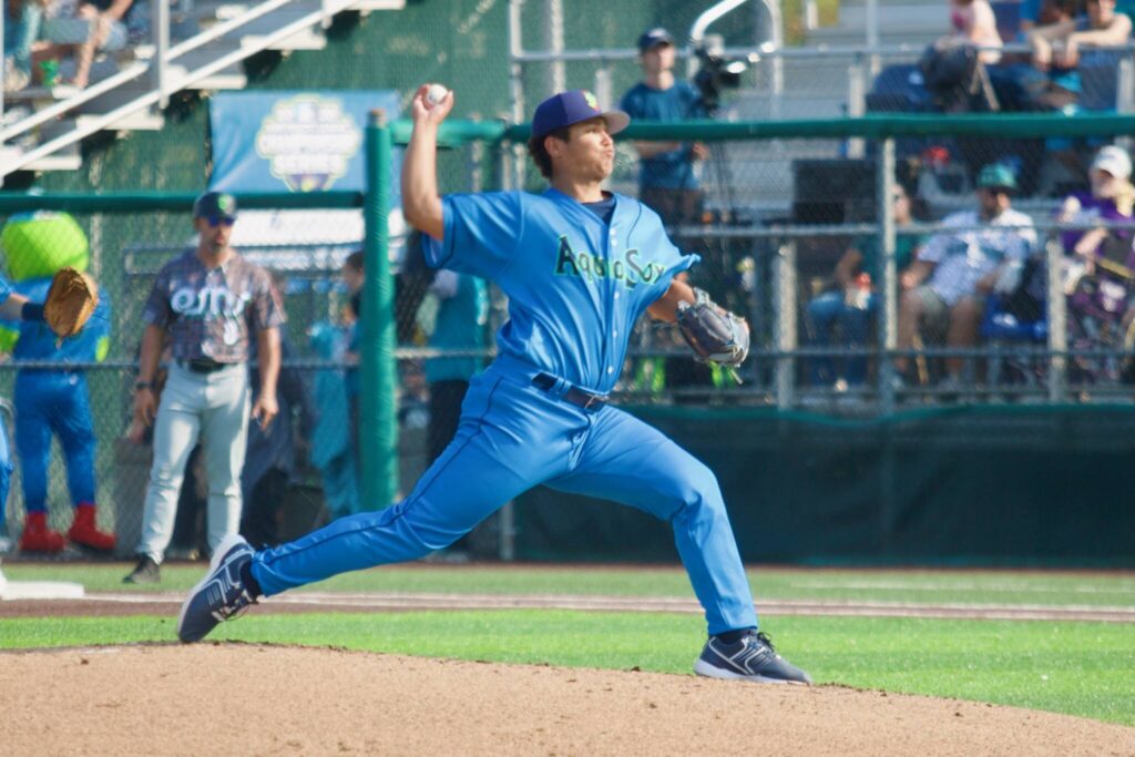 AquaSox pitcher Nick Payero delivers a pitch during Everett’s 7-5 win against the Eugene Emeralds at Funko Field on Aug. 31, 2025. (Joe Pohoryles / The Herald)
