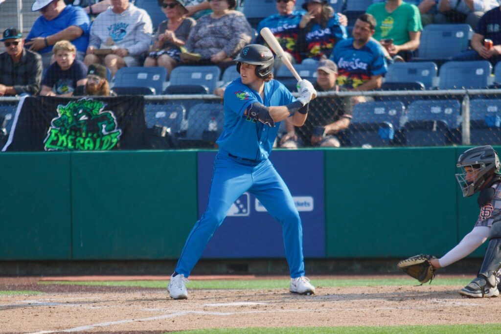 AquaSox infielder Carter Dorighi prepares to swing during Everett’s 7-5 win against the Eugene Emeralds at Funko Field on Aug. 31, 2025. (Joe Pohoryles / The Herald)
