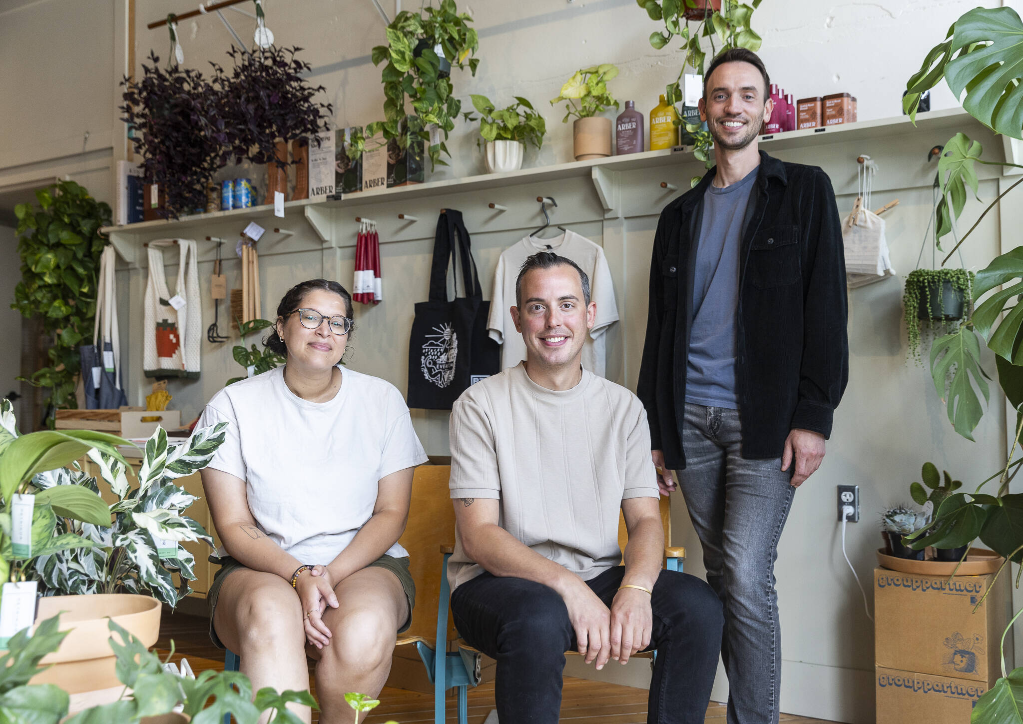 Cierra Felder (left to right), Aaron Sheckler and Scott Hulme inside Petrikor on Thursday, July 31, 2025 in Everett, Washington. (Olivia Vanni / The Herald)