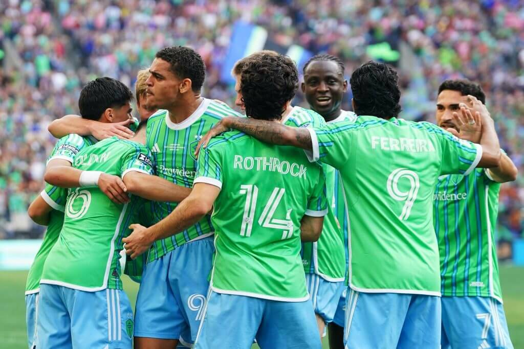 The Seattle Sounders celebrate after beating Miami to win the Leagues Cup Title on Sunday, Aug. 31 at Lumen Field in Seattle, Washington. (Rich Lam / Getty Images / The Athletic)