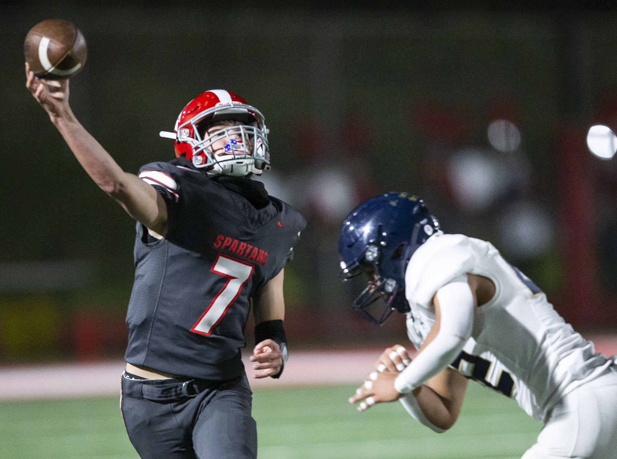 Stanwood’s Alex Maldonado throws the ball during the Stilly Cup game against Arlington on Friday, Oct. 11, 2024 in Stanwood, Washington. (Olivia Vanni / The Herald)