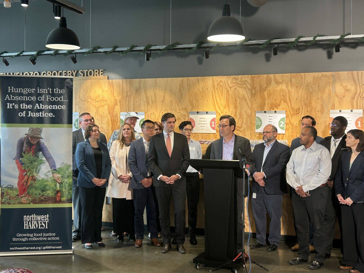 Washington Gov. Bob Ferguson hosts a press conference on the impacts of President Donald Trump’s tariffs at Northwest Harvest on Thursday, Sept. 4, 2025, in Seattle, Washington. (Photo by Jake Goldstein-Street/Washington State Standard)
