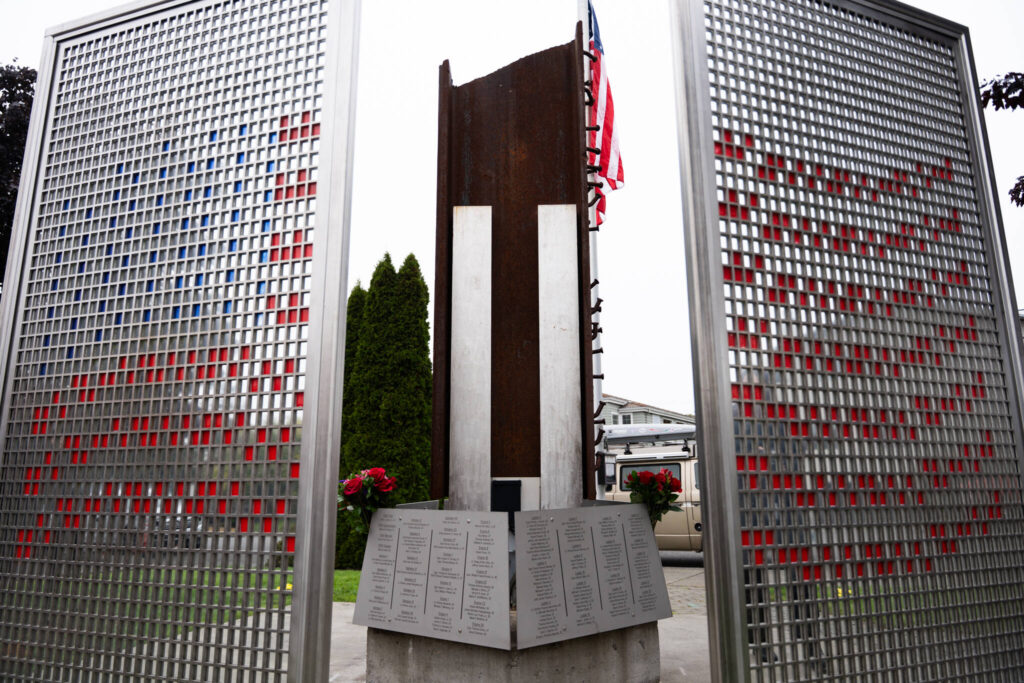 A memorial honoring victims of the Sept. 11, 2001 attacks on Thursday, Sept. 11, 2025, in Edmonds, Washington. (Will Geschke / The Herald)
