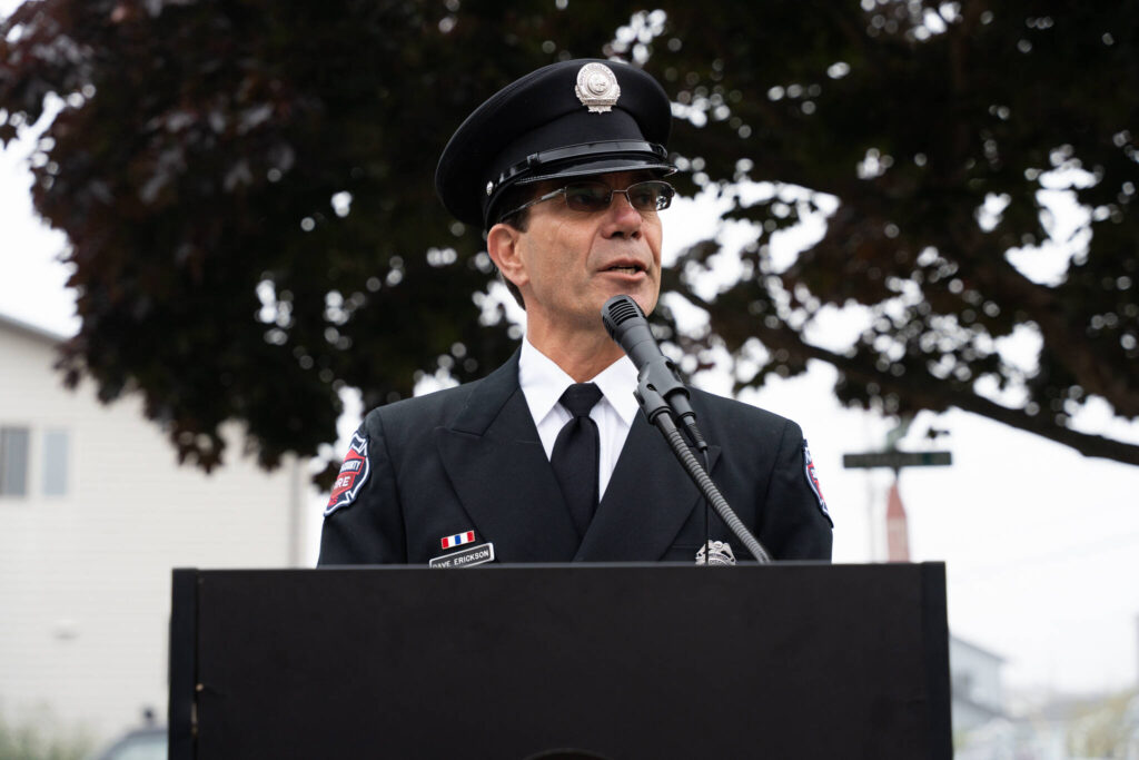 Dave Erickson speaks during a commemoration of the 24th anniversary of the Sept. 11, 2001 attacks on Thursday, Sept. 11, 2025, in Edmonds, Washington. (Will Geschke / The Herald)
