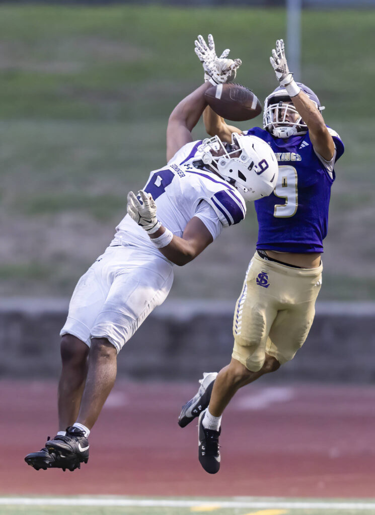 Lake Stevens&rsquo; Felix Ramsey blocks a pass into the end zone during the game against Sumner on Friday, Sept. 5, 2025 in Lake Stevens, Washington. (Olivia Vanni / The Herald)
