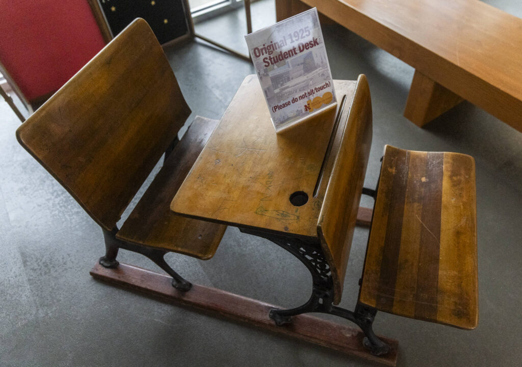 An original desk from 1925 on display at North Middle School on Tuesday, Sept. 9, 2025 in Everett, Washington. (Olivia Vanni / The Herald)

