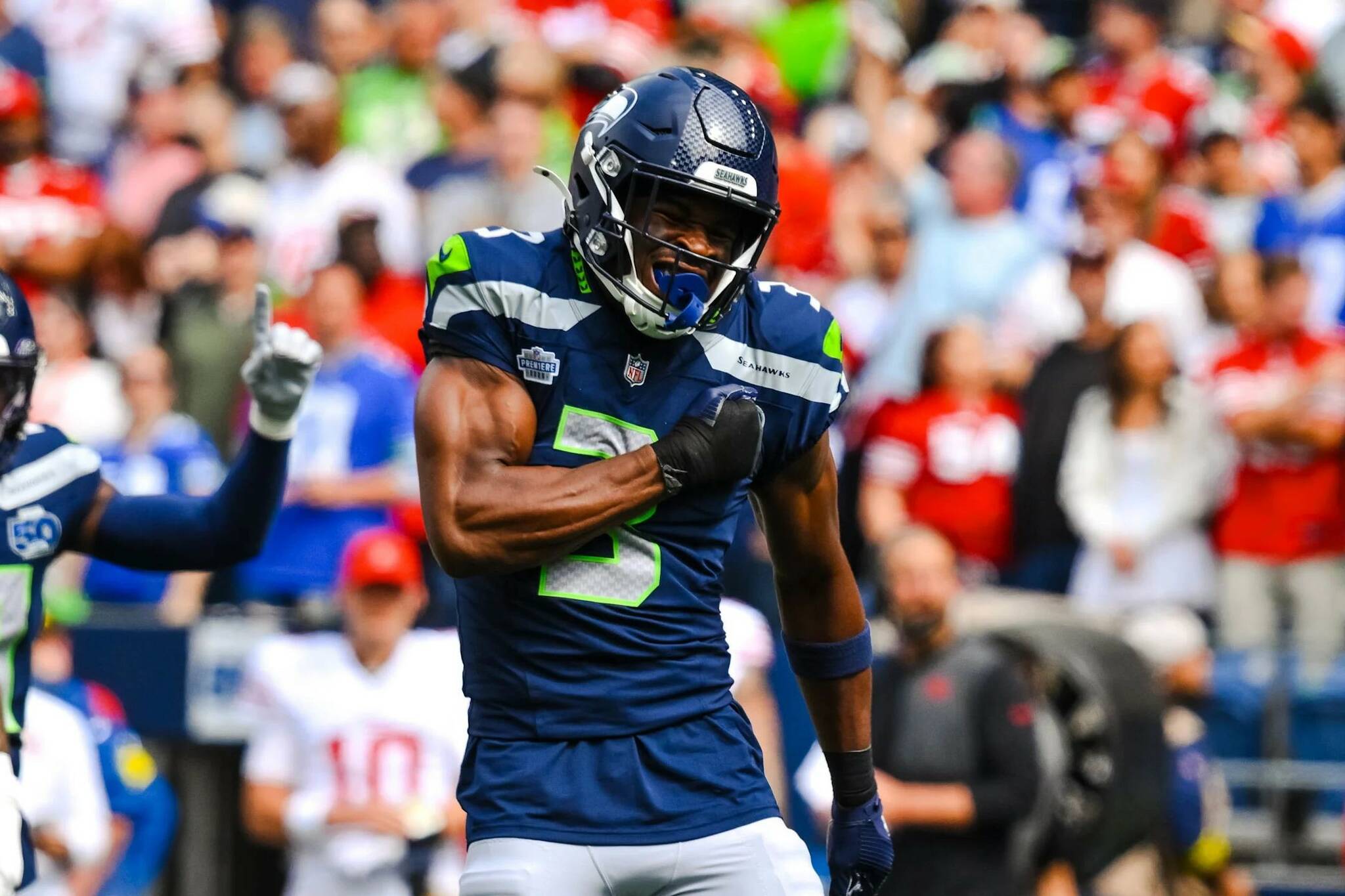 Seahawks safety Nick Emmanwori reacts after making a tackle against the San Francisco 49ers on Sunday, Sept. 7 at Lumen Field in Seattle, Washington. (Photo courtesy of the Seattle Seahawks)