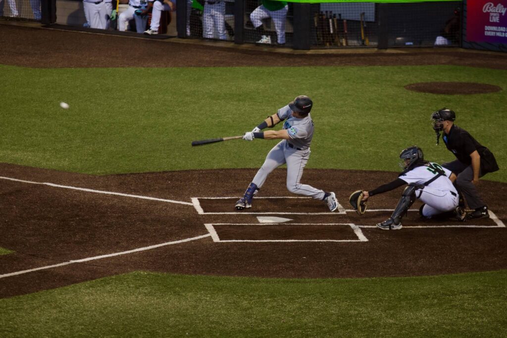 AquaSox designated hitter Matthew Ellis connects on a pitch during Everett’s 9-6 extra-innings win against Eugene in Game 1 of the Northwest League Championship Series at PK Park on Sept. 9, 2025. (Joe Pohoryles / The Herald)
