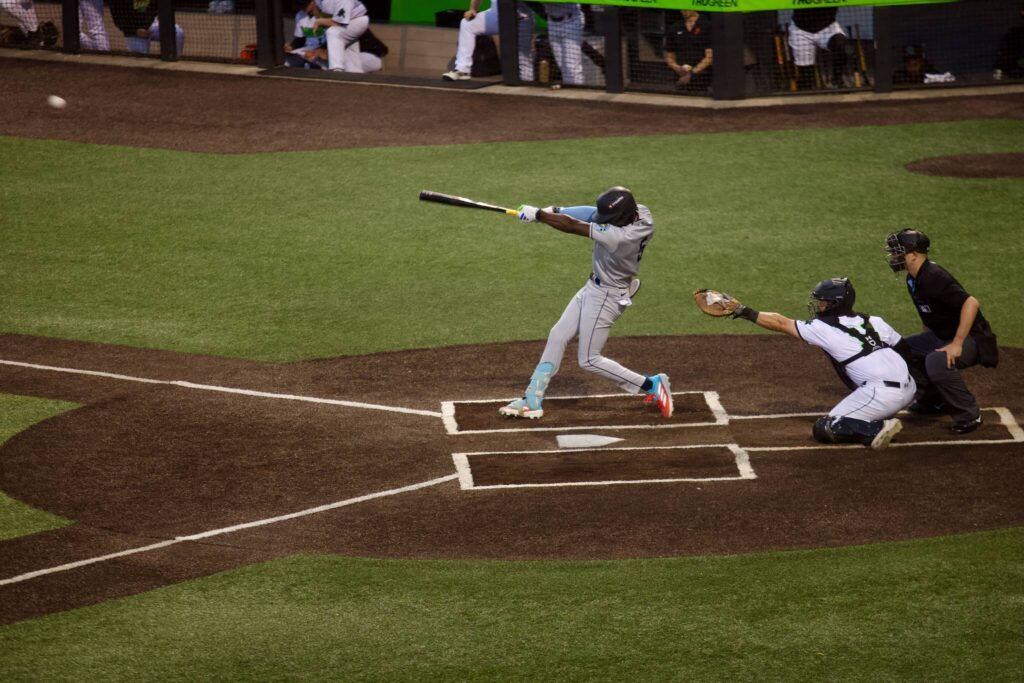 AquaSox shortstop Felnin Celesten sends a ball into play during Everett’s 4-2 loss to the Eugene Emeralds in Game 2 of the 2025 Northwest League Championship Series at PK Park on Wednesday. (Joe Pohoryles / The Herald)
