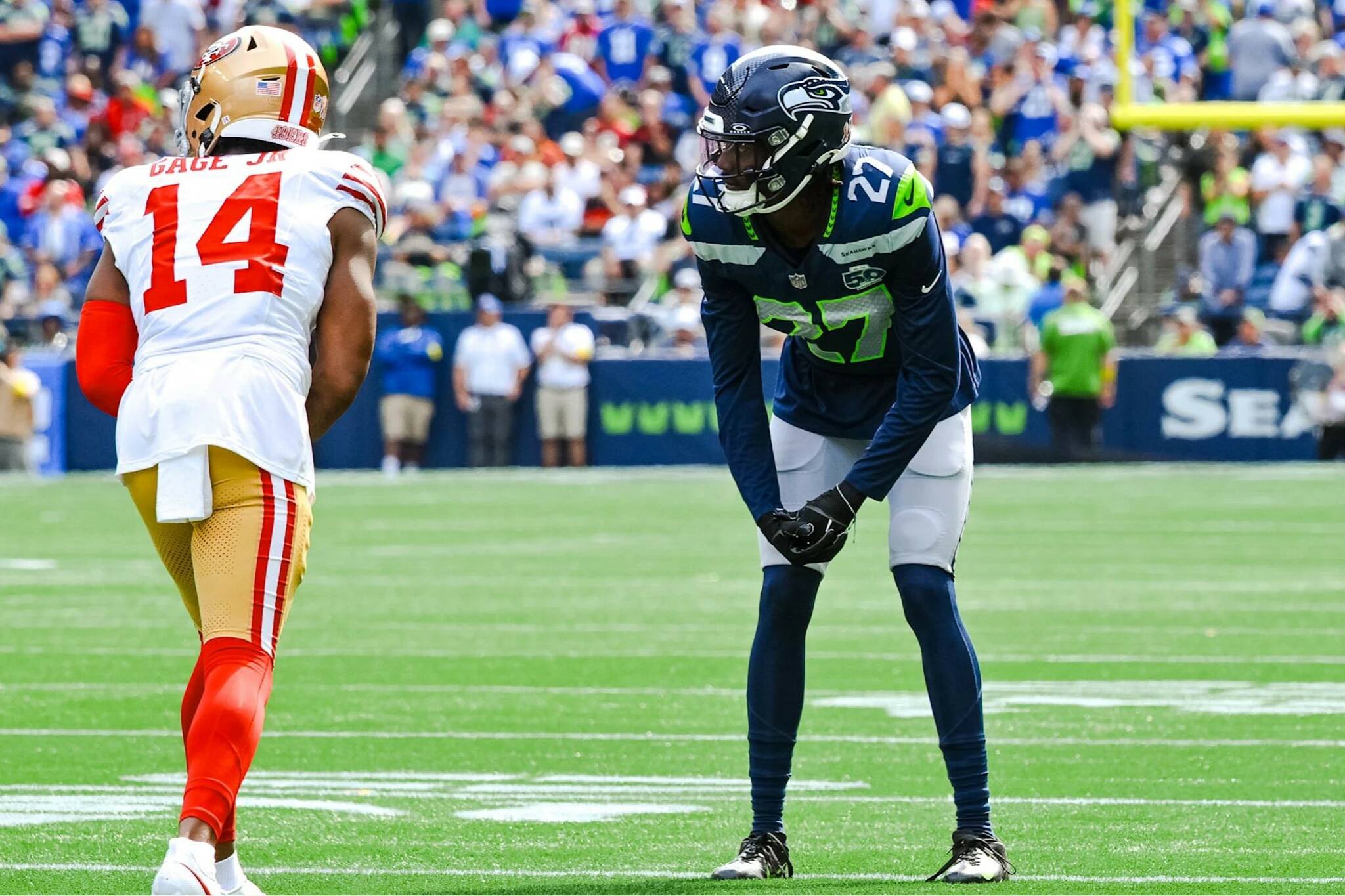 Seahawks cornerback Riq Woolen (27) prepares to play defense against the San Francisco 49ers at Lumen Field in Seattle, Washington on Sunday, Sept. 7, 2025. (Photo courtesy of the Seattle Seahawks)