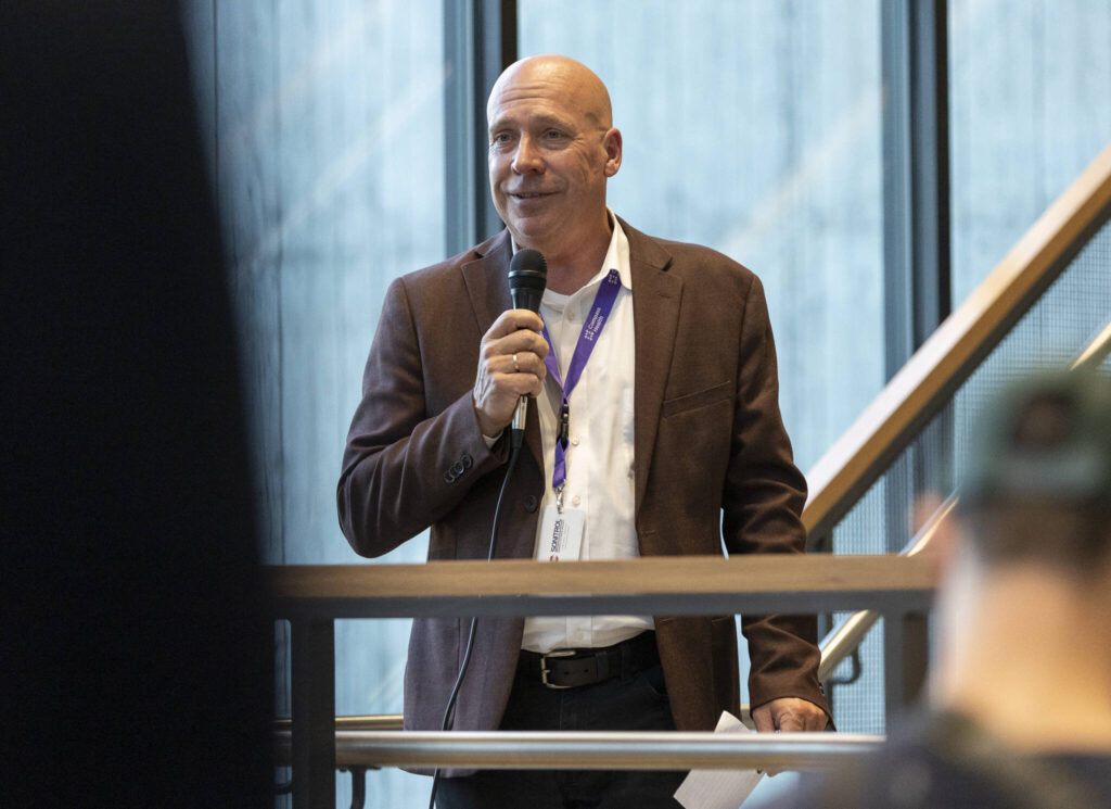 Compass Health CEO Tom Sebastian speaks at a ribbon cutting for the new Compass Health&rsquo;s Marc Healing Center on Wednesday, Sept. 17, 2025, in Everett, Washington. (Olivia Vanni / The Herald)
