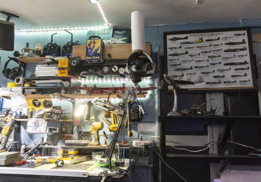 Aircraft memorabilia and tools fill Johnson’s garage workshop on Sept. 23, 2025 in Everett, Washington. (Olivia Vanni / The Herald)
