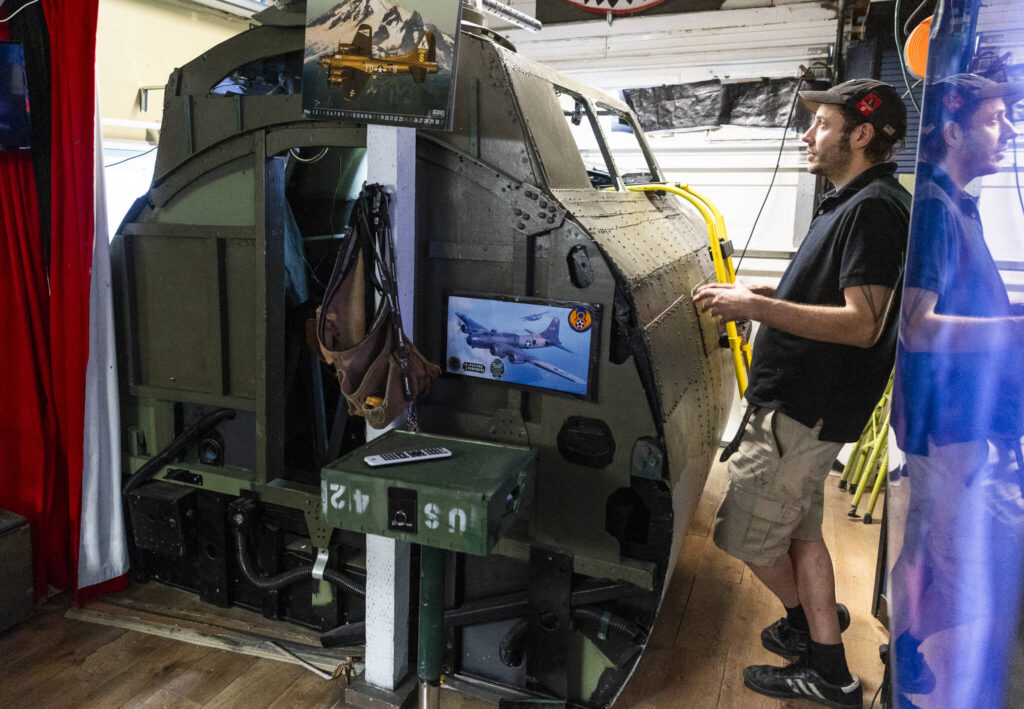 Johnson talks about some of the difficulties he ran into while building the B-17 cockpit on Sept. 23, 2025 in Everett, Washington. (Olivia Vanni / The Herald)
