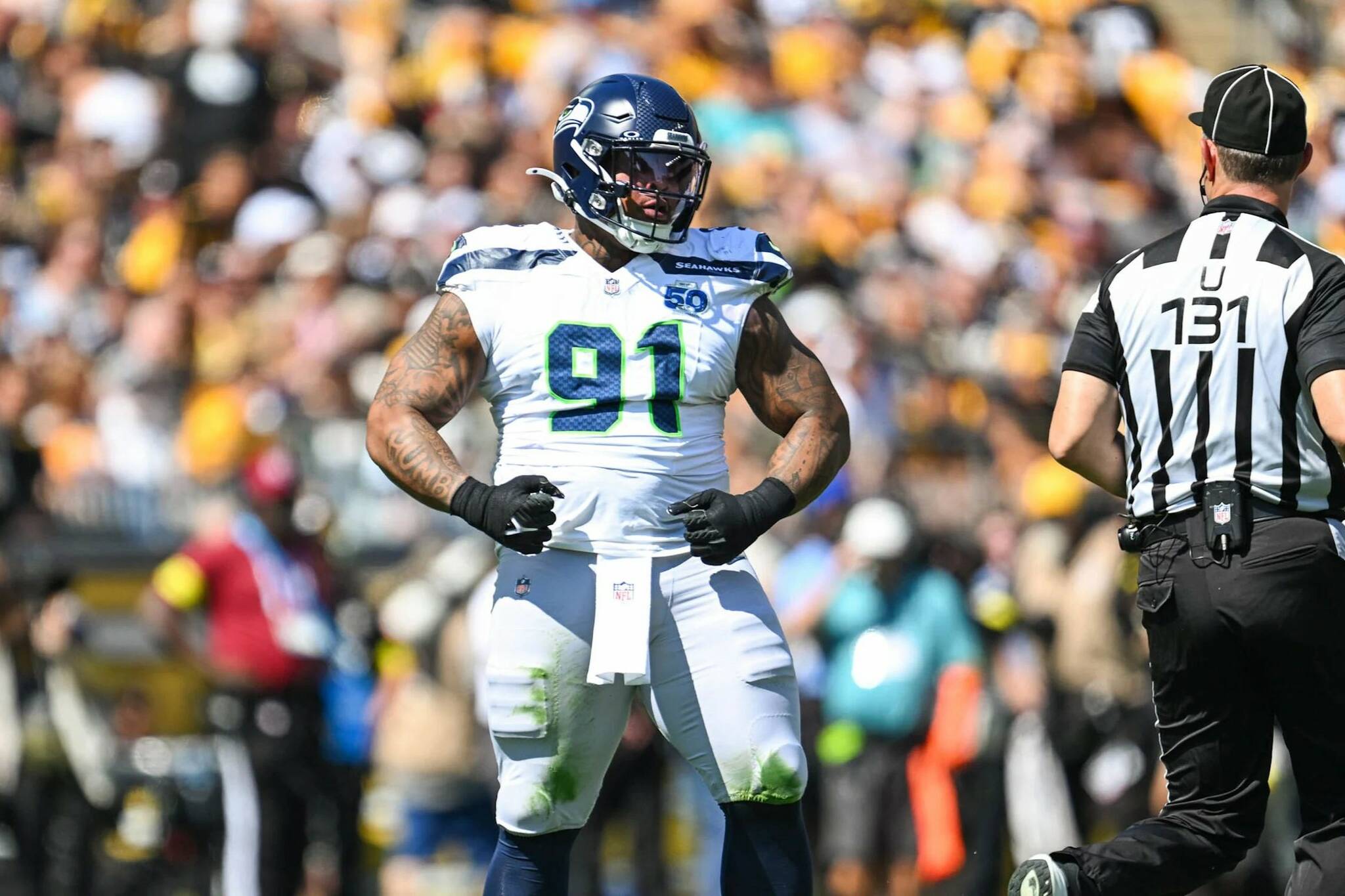 Seahawks defensive tackle Byron Murphy II (91) celebrates after a sack against the Steelers at Acrisure Stadium in Pittsburgh, Pennsylvania on Sunday, Sept. 14, 2025. (Photo courtesy of Seattle Seahawks)