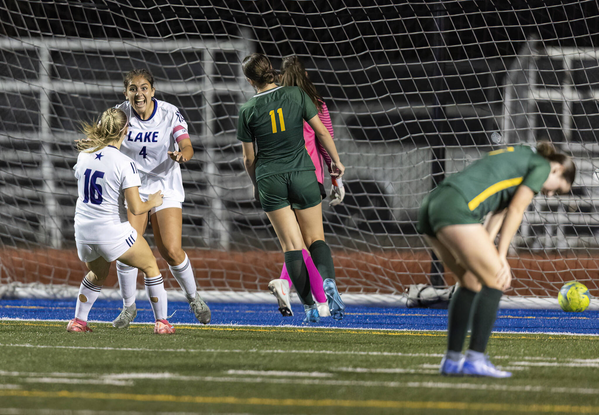 Lake Stevens’ Amira Yaser reacts to scoring a goal in the final seconds to tie the game against Shorecrest on Thursday, Sept. 18, 2025 in Shoreline, Washington. (Olivia Vanni / The Herald)
