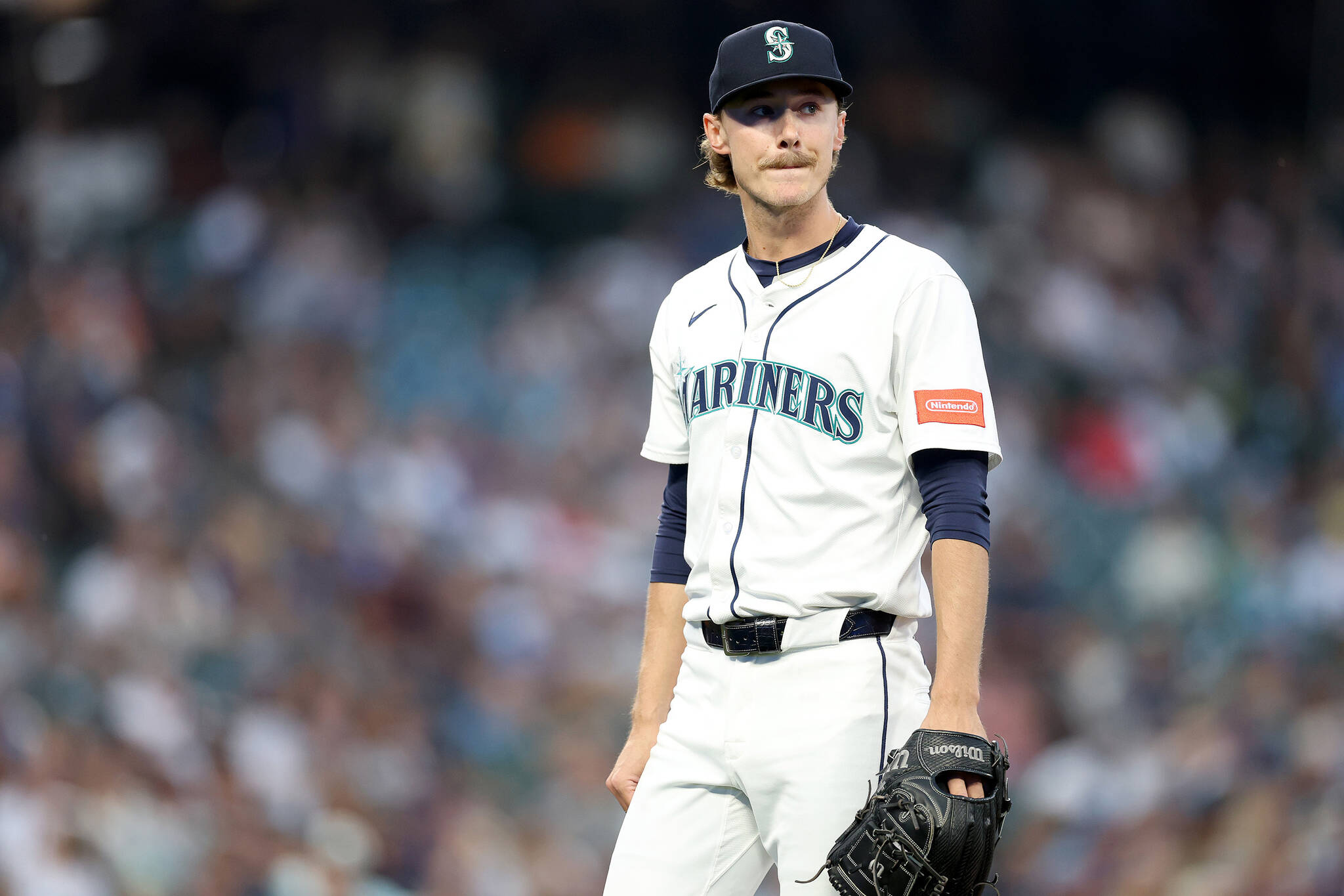 Bryce Miller (50) of the Seattle Mariners reacts during the first inning against the Colorado Rockies at T-Mobile Park on Tuesday, Sept. 23, 2025, in Seattle, Washington. (Steph Chambers / Getty Images / Tribune News Services)