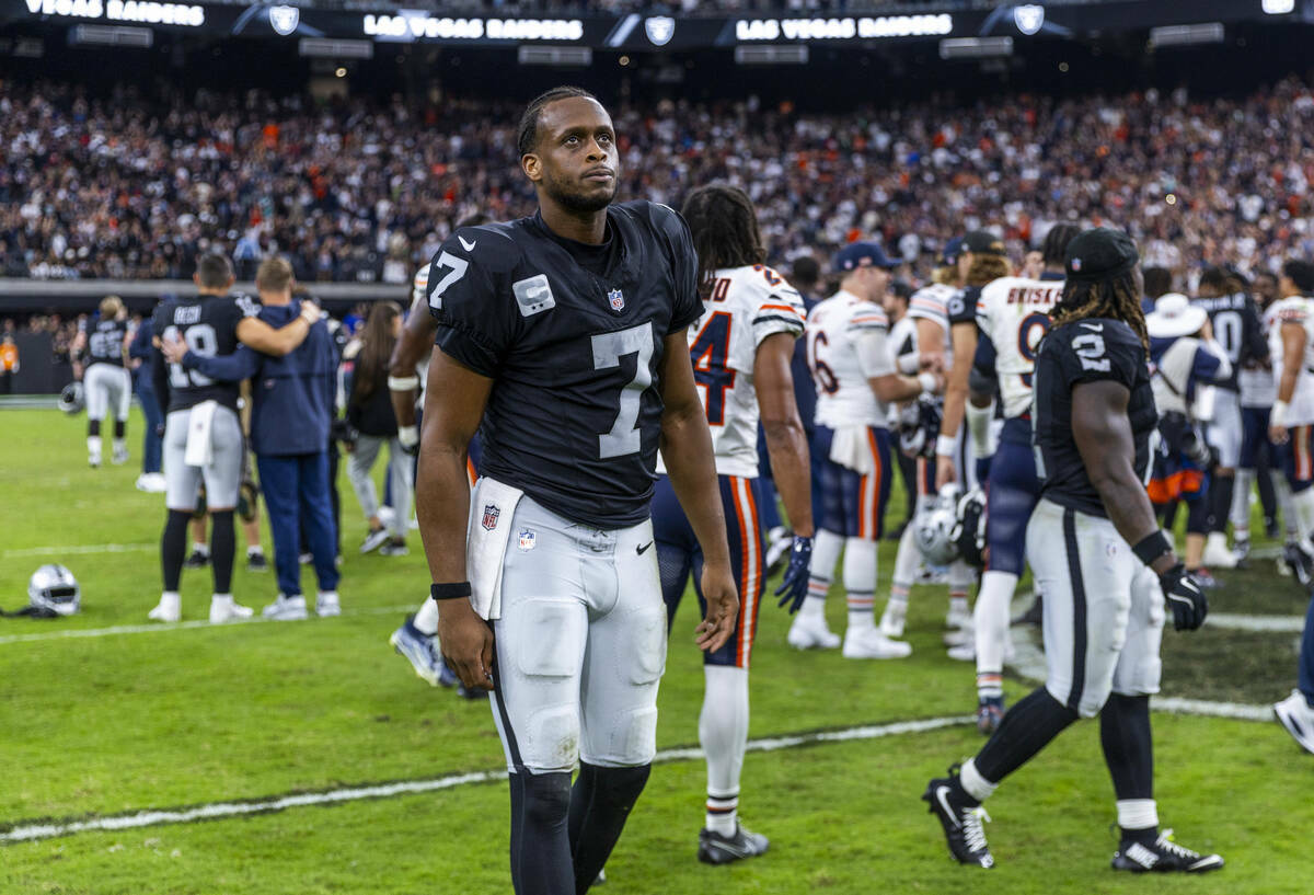 Raiders quarterback Geno Smith (7) unhappily walks off the field after a late loss to the Chicago Bears during the second half of their NFL game at Allegiant Stadium on Sunday, Sept. 28, 2025, in Las Vegas. (L.E. Baskow / Las Vegas Review-Journal / Tribune News Services)